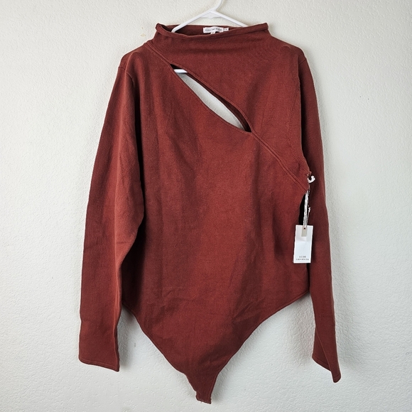 Good American Slit Shoulder Cut Out Longsleeve Bodysuit Sweater Thong SZ 8 Rust - Picture 3 of 16